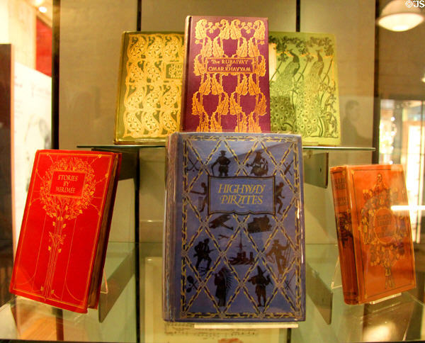 Books with cover designs by P. Woodroffe (c1900) at Court Barn Museum. Chipping Campden, England.