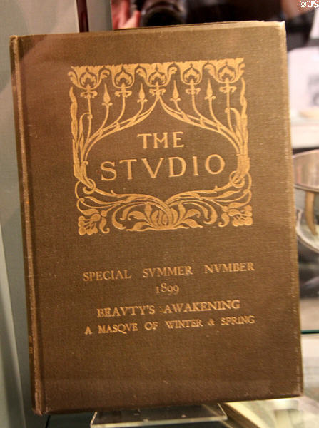 Book cover design in Arts & Crafts style typical of early 20thC at Court Barn Museum. Chipping Campden, England.