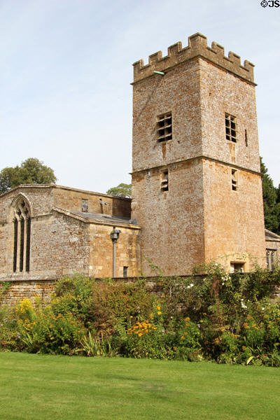 Tower of Chastleton House constructed of gray & gold Cotswold stone. Moreton-in-Marsh, England.