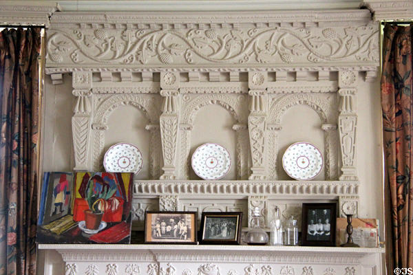 Details of plaster design above fireplace in White Parlor at Chastleton House. Moreton-in-Marsh, England.