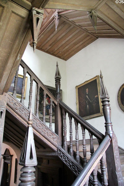 Carved wooden staircase at Chastleton House. Moreton-in-Marsh, England.