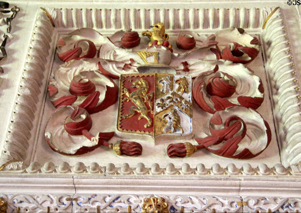 Details of Walter Jones's coat of arms in Great Chamber at Chastleton House. Moreton-in-Marsh, England.