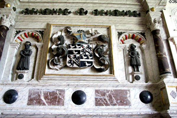Details of coat of arms above mantel shelf at Chastleton House. Moreton-in-Marsh, England.