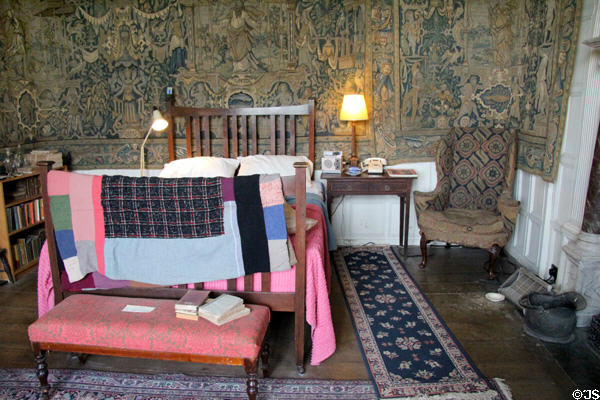 Tapestry wall hanging in Sheldon Room, bedroom of Barbara Clutton-Brock, used against the deep chill pervading Chastleton House. Moreton-in-Marsh, England.