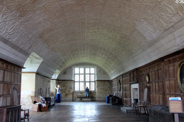 Long Gallery, with barrel ceiling running the length of the house, used for entertaining at Chastleton House. Moreton-in-Marsh, England.