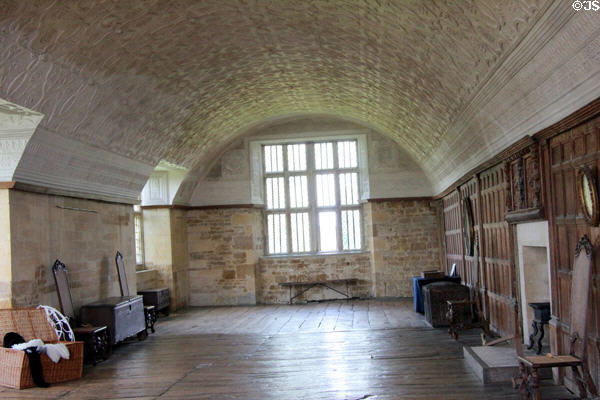 Two antique Armada Chests (c1500) in Long Gallery at Chastleton House. Moreton-in-Marsh, England.