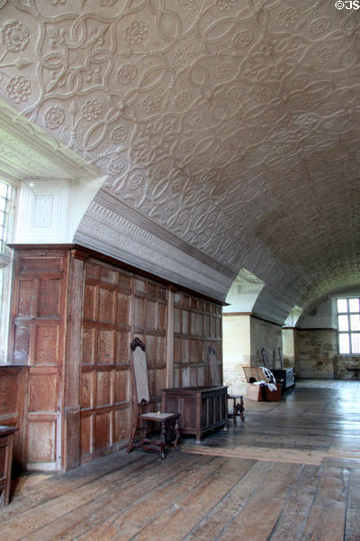 Plasterwork ceiling & paneling in Long Gallery at Chastleton House. Moreton-in-Marsh, England.