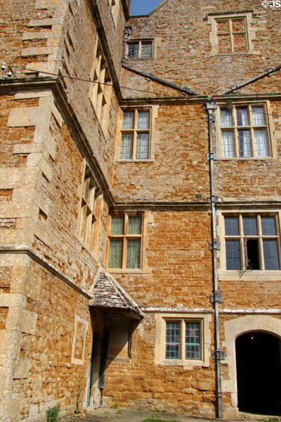 Exterior details of Chastleton House with multi-story antique downspouts. Moreton-in-Marsh, England.