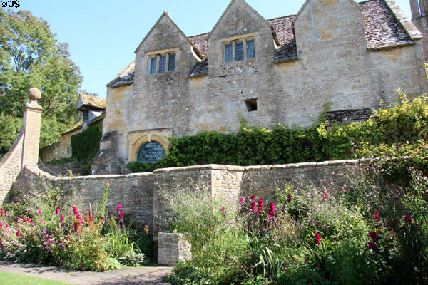 Garden wall with plantings at Snowshill Manor. England.