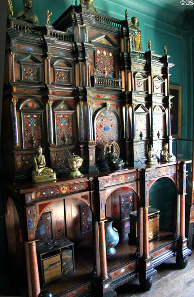 Ornate inlaid cupboard at Snowshill Manor. England.