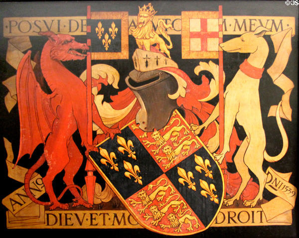 Coat of Arms with English & French symbols (1539) at Snowshill Manor. England.
