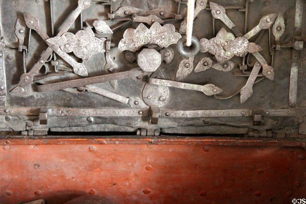 Detail of locking mechanism of antique safe at Snowshill Manor. England.