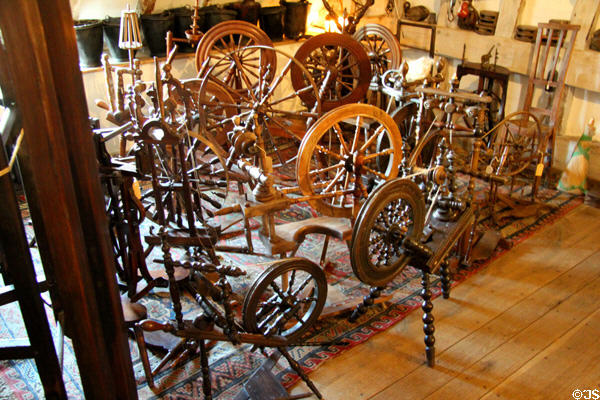 Large collection of spinning wheels at Snowshill Manor. England.