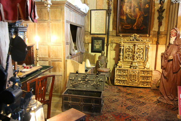 Travel trunk with lock mechanism, highly ornate cabinet & other furnishings at Snowshill Manor. England.
