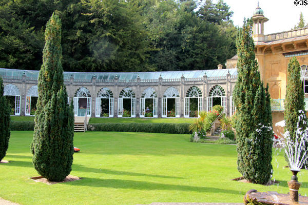 Row of windows set in curved Orangery at Sezincote House. Moreton-in-Marsh, England.