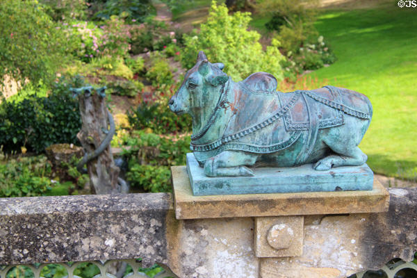 Brahmin bull statue with gardens in background at Sezincote. Moreton-in-Marsh, England.