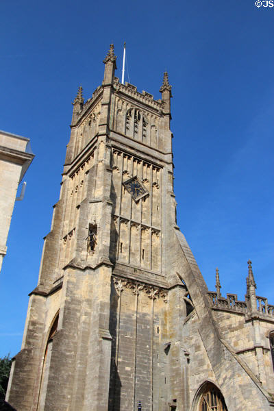 Tower (c1400) supported by buttresses of Church of St. John Baptist. Cirencester, England.