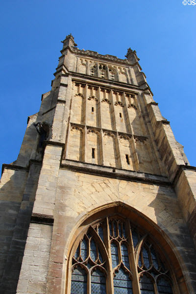Details of tower of Church of St John Baptist. Cirencester, England.