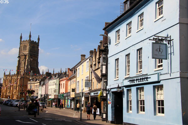 Market Place with view of tower of Church of St John Baptist. Cirencester, England.
