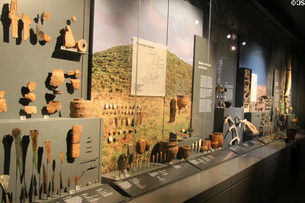 Display of items excavated from South Chamber of Hazleton North Long Barrow at Corinium Museum. Cirencester, England.
