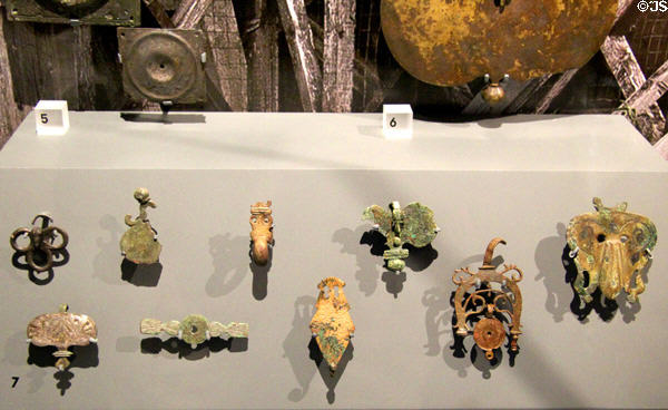 Roman military pendants & fittings at Corinium Museum. Cirencester, England.