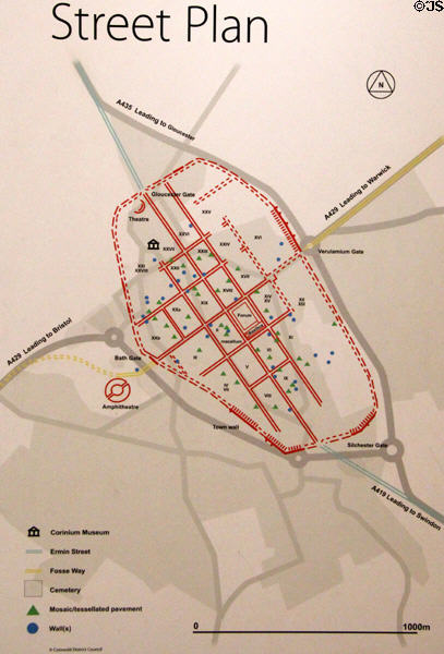 Roman era street plan of Corinium overlaid with some modern landmarks at Corinium Museum. Cirencester, England.