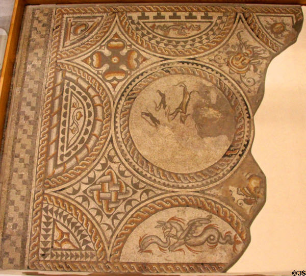 Detail of Hunting Dogs Pavement mosaic at Corinium Museum. Cirencester, England.