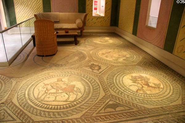 Seasons Mosaic (mid 2ndC) depicting four seasons & scenes from Roman mythology, found in Cirencester, at Corinium Museum. Cirencester, England.