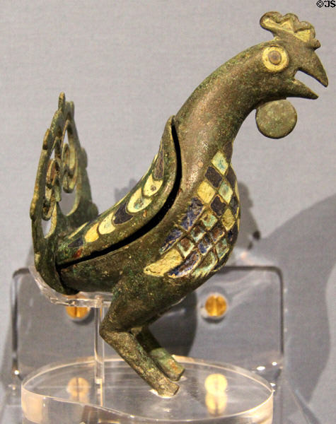 Copper-alloy enameled cockerel figurine grave good at Corinium Museum. Cirencester, England.