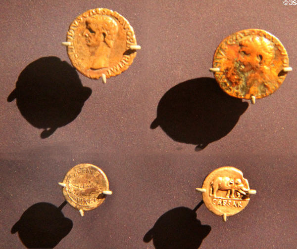 Copper-alloy Roman coins at Corinium Museum. Cirencester, England.