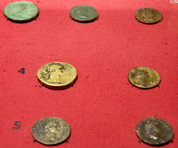 Display of Roman coins at Corinium Museum. Cirencester, England.