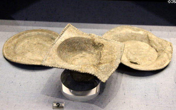 Three rare pewter vessels from Northleach, not far from Cirencester, at Corinium Museum. Cirencester, England.