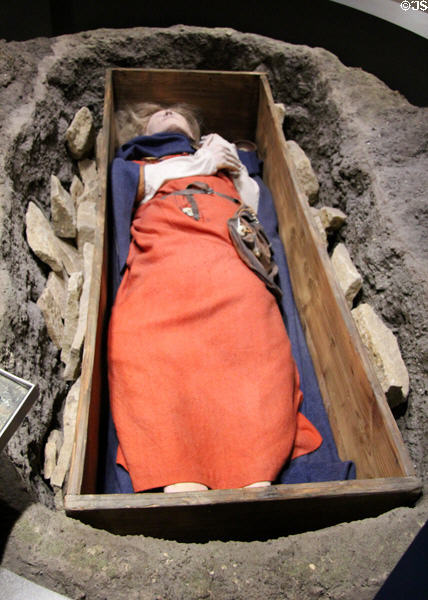 "Mrs Getty's" grave (6thC CE) a reconstruction, including her face, of one of the richest Anglo-Saxon graves ever found in Britain excavated in Butler's Field Lechlade at Corinium Museum. Cirencester, England.