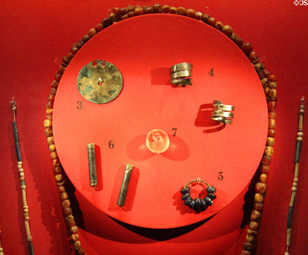 Objects (6thC CE) found in "Mrs Getty's" grave, Butler's Field Lechlade at Corinium Museum. Cirencester, England.