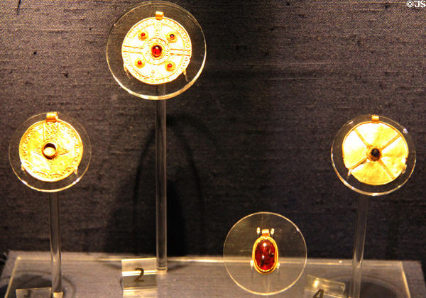 Jewelry made of or set in gold found in Anglo-Saxon graves at Corinium Museum. Cirencester, England.