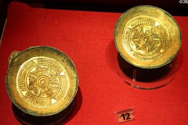 Largest pair of saucer brooches (c600 CE) found at Butler's Field Lechdale at Corinium Museum. Cirencester, England.