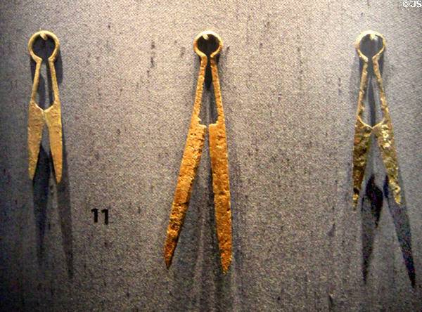 Shears (13th-14thC) used in wool trade which was basis of Cotswold's economy at Corinium Museum. Cirencester, England.