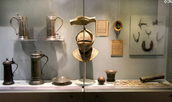 Collection of medieval metal objects at Corinium Museum. Cirencester, England.