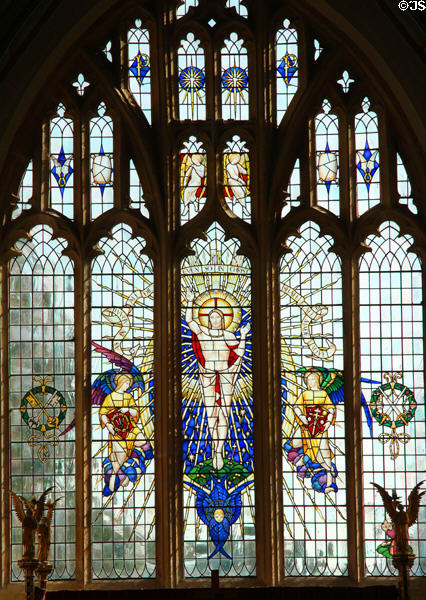 Stained glass window (1963) Christ in Majesty by Christopher Webb in chancel of Church of St Peter & St Paul. Northleach, England.