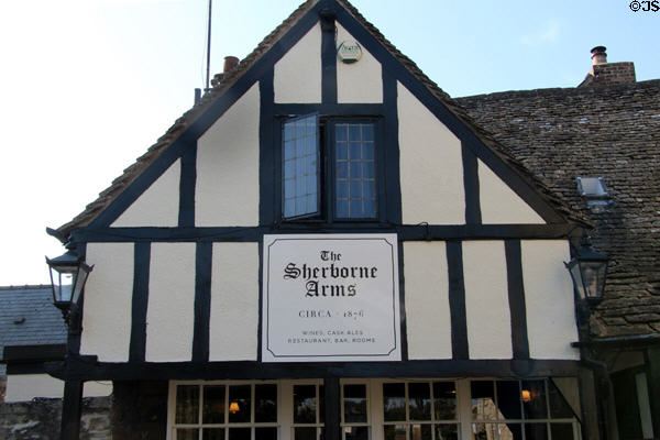 The Sherborne Arms (c1876) half-timbered on upper half of building. Northleach, England.