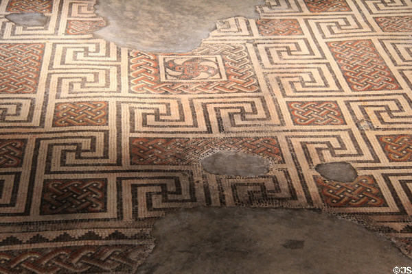 Mosaic floor with geometric designs in dining room at Chedworth Roman Villa. England.