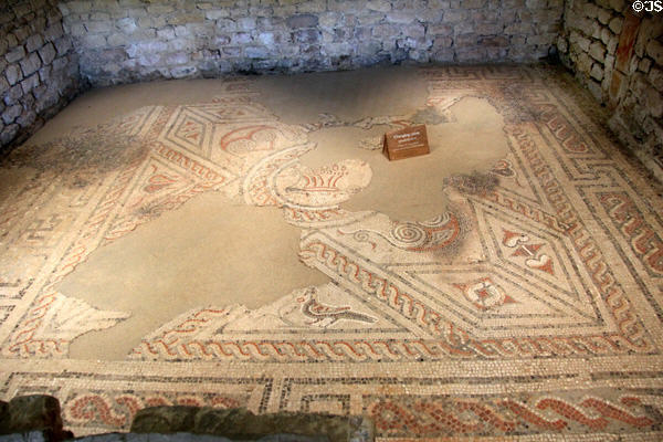 Sections of mosaic floor in changing room (apodyterium) at Chedworth Roman Villa. England.