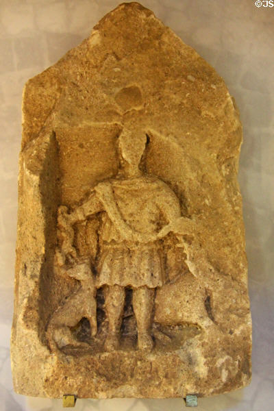 Stone relief of hunter god, probably found at nearby temple site at Chedworth Roman Villa. England.