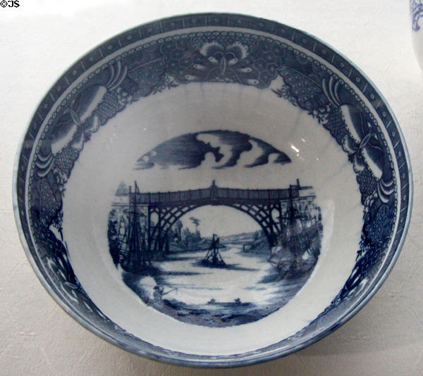 Caughley Porcelain bowl transfer printed with view of Iron Bridge (c1780-99) at Coalport China Museum. Ironbridge, England.