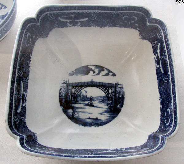 Caughley Porcelain large square salad bowl transfer printed with view of Iron Bridge (c1780-99) at Coalport China Museum. Ironbridge, England.