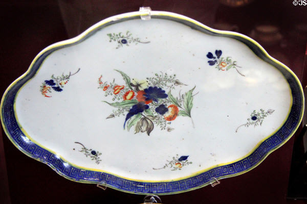 Caughley Porcelain eight-lobed dessert plate painted with Dresden Flower pattern (c1790-2) at Coalport China Museum. Ironbridge, England.
