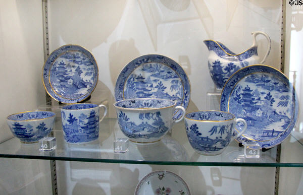 Coalport Partner produced tea ceramics (1800-10) with Caughley pagoda patterns after 1799 factory takeover at Coalport China Museum. Ironbridge, England.