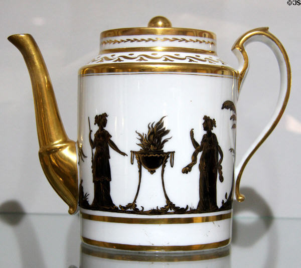 Teapot (c1805-10) with gilt & black classical figure decoration by unmarked at Coalport China Museum. Ironbridge, England.