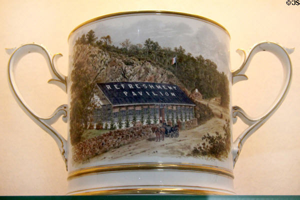 Two-handled loving cup painted with Forest Glen Refreshment Pavilion (c1890-5) by crown Coalport China at Coalport China Museum. Ironbridge, England.