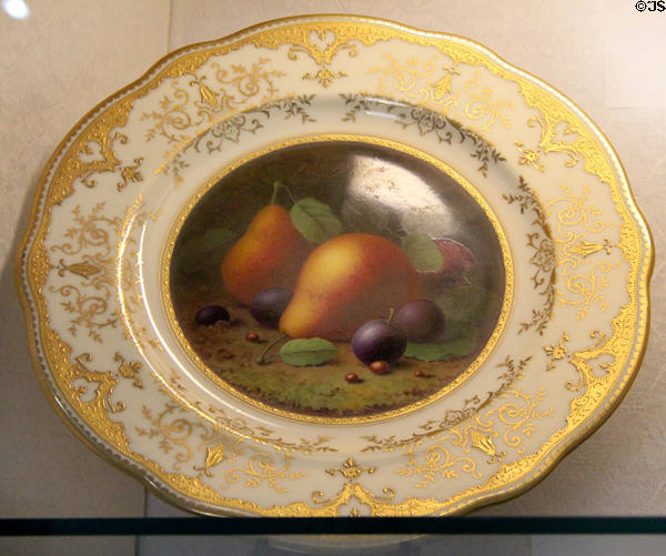 Plate with fruit painting (c1919) by F. Howard for crown Coalport at Coalport China Museum. Ironbridge, England.